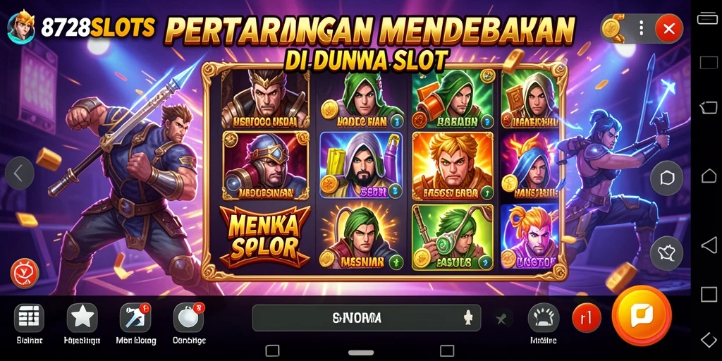 Tangkapan layar <strong>8728SLOTS</strong> menampilkan pertarungan epik antara karakter dengan simbol slot yang menarik.