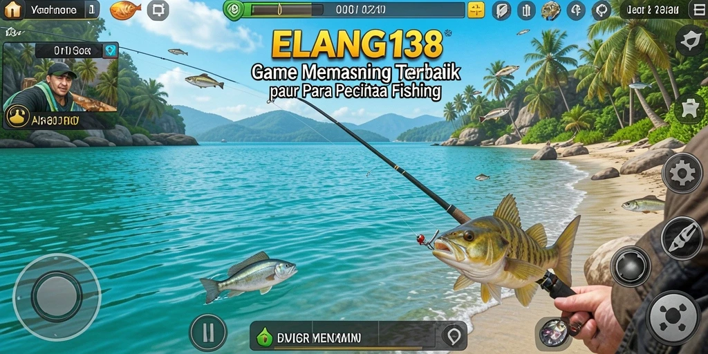 Screenshot dari gameplay ELANG138 menampilkan aksi seru memancing di laut.