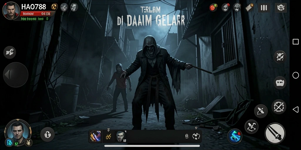 Tangkapan layar gameplay HAO788 menampilkan suasana mencekam di malam hari.