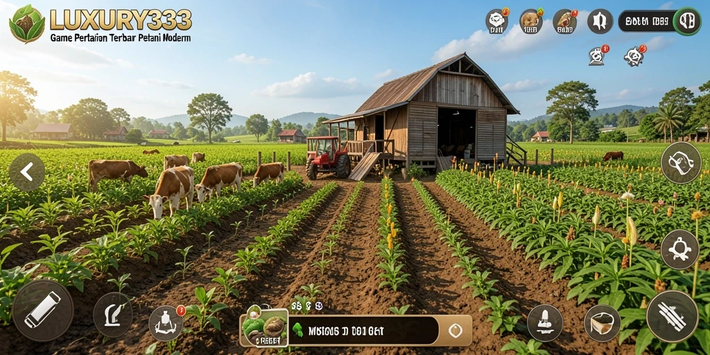 Screenshot dari gameplay LUXURY333 yang menunjukkan berbagai tanaman dan hewan.