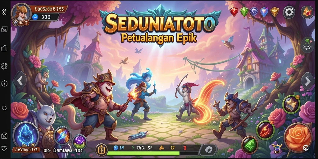 Screenshot utama SEDUNIATOTO menampilkan pertarungan epik di dunia fantasi.